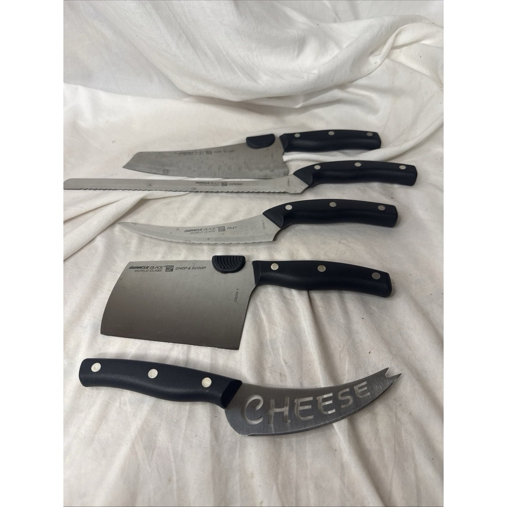 Miracle Blade III 5 Pc Knife Chop Carve Cheese Rock Filet 17 Slot Wood Block Lot